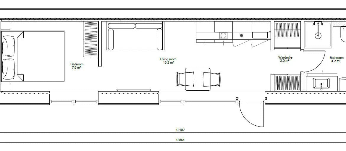 Modulares Haus EVO XS 12,19 m mal 2,3 m