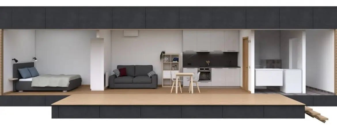 Modulares Haus EVO XS 12,19 m mal 2,3 m